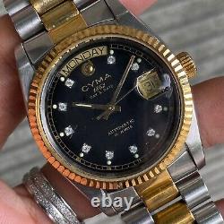 Rare Cyma President Day-Date Two Tone Black Automatic ETA Swiss Vintage Watch