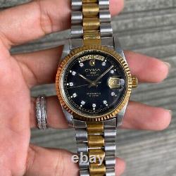 Rare Cyma President Day-Date Two Tone Black Automatic ETA Swiss Vintage Watch