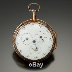 Rare Double Porcelain Dial Antique 14k Rose Gold Swiss Calendar Pocket Watch