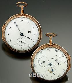 Rare Double Porcelain Dial Antique 14k Rose Gold Swiss Calendar Pocket Watch