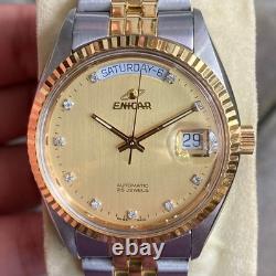 Rare Enicar Automatic President Gold Dial Diamond Two Tone Swiss Vintage Watch