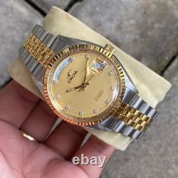 Rare Enicar Automatic President Gold Dial Diamond Two Tone Swiss Vintage Watch