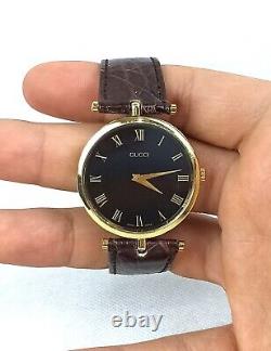 Rare Golden Gucci Watch Vintage Wristwatch Luxur Round Black Dial Swiss Unisex