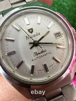 Rare NIVADA Popularis Automatic Watch Vintage 70s Classic Silver Swiss MINT