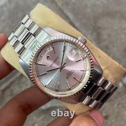 Rare Sandoz President Automatic ETA Swiss Silver Dial Day Date Vintage Watch Men
