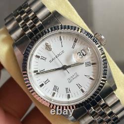 Rare Sandoz President Quartz Date Roman Index White Dial Swiss Vintage Watch Men