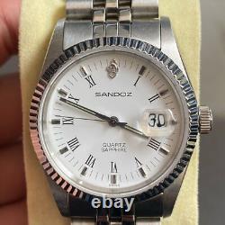 Rare Sandoz President Quartz Date Roman Index White Dial Swiss Vintage Watch Men