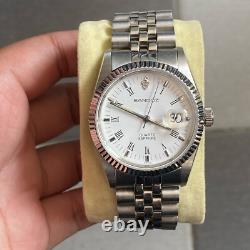 Rare Sandoz President Quartz Date Roman Index White Dial Swiss Vintage Watch Men