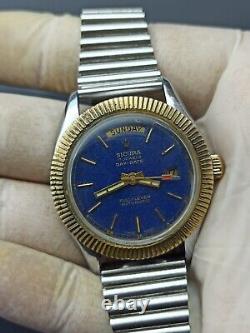 Rare Sicura Day/date Watch Full-lever Automatic Blue Dial Swiss Men True Vintage