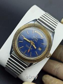 Rare Sicura Day/date Watch Full-lever Automatic Blue Dial Swiss Men True Vintage