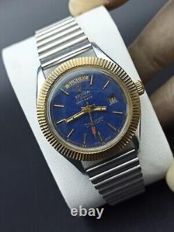 Rare Sicura Day/date Watch Full-lever Automatic Blue Dial Swiss Men True Vintage