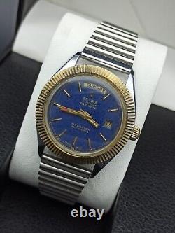 Rare Sicura Day/date Watch Full-lever Automatic Blue Dial Swiss Men True Vintage