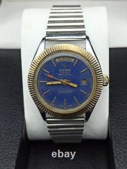 Rare Sicura Day/date Watch Full-lever Automatic Blue Dial Swiss Men True Vintage