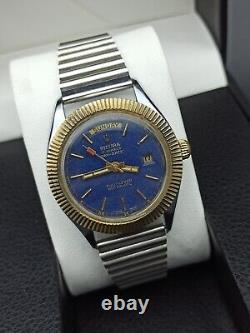 Rare Sicura Day/date Watch Full-lever Automatic Blue Dial Swiss Men True Vintage