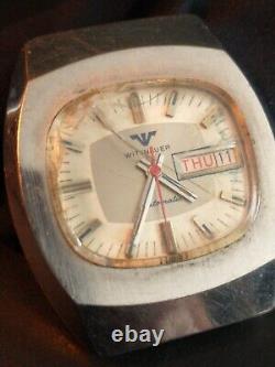 Rare Square Vintage 1970's Wittnauer Swiss Automatic Day Date Watch Stainless