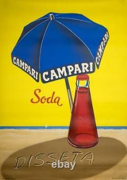 Rare Swiss Italian Campari Poster Umbrella On Beach 1950 Original On Linen