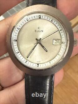 Rare UFO Vintage Swiss Elgin Ellipse Watch Silver tone Men's leather Band Works