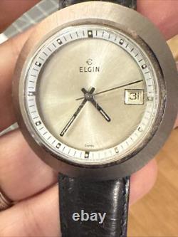 Rare UFO Vintage Swiss Elgin Ellipse Watch Silver tone Men's leather Band Works