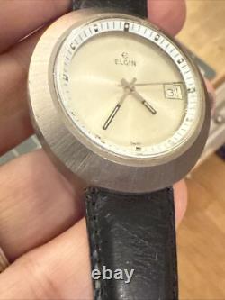 Rare UFO Vintage Swiss Elgin Ellipse Watch Silver tone Men's leather Band Works