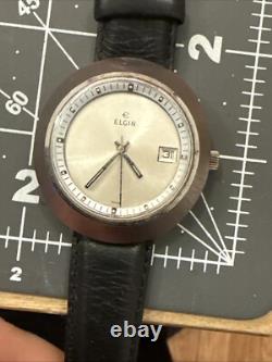 Rare UFO Vintage Swiss Elgin Ellipse Watch Silver tone Men's leather Band Works