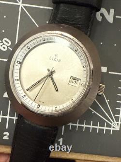 Rare UFO Vintage Swiss Elgin Ellipse Watch Silver tone Men's leather Band Works