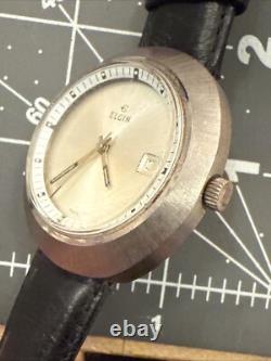 Rare UFO Vintage Swiss Elgin Ellipse Watch Silver tone Men's leather Band Works