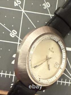 Rare UFO Vintage Swiss Elgin Ellipse Watch Silver tone Men's leather Band Works