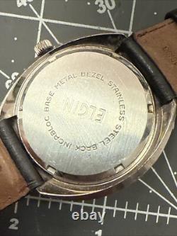 Rare UFO Vintage Swiss Elgin Ellipse Watch Silver tone Men's leather Band Works
