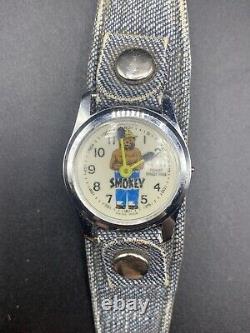 Rare Vintage 1960's Smokey The Bear Wind-Up Wrist Watch Swiss Made Jean Strap