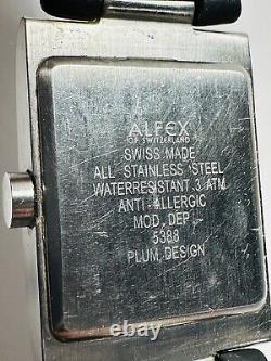 Rare Vintage Alfex Swiss Plum Design Tank Black Leather Band With Onyxtone Date M2