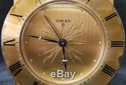 Rare Vintage Brass Swiza 8 Day Travel Alarm Clock Made in Swiss