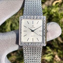 Rare Vintage Cyma Elegant White Textured Dial Tank Shape Swiss Quartz Watch 724
