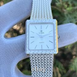 Rare Vintage Cyma Elegant White Textured Dial Tank Shape Swiss Quartz Watch 724