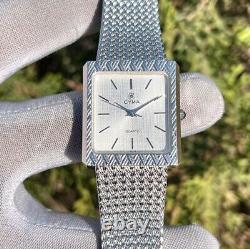 Rare Vintage Cyma Elegant White Textured Dial Tank Shape Swiss Quartz Watch 724