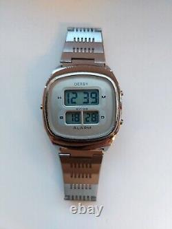 Rare Vintage DERBY LCD Alarm Watch 1970s ESA 934.912 Swiss Made Date