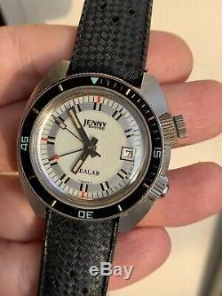 Rare Vintage Jenny Sealab Diver Alarm Mens Watch 39mm Swiss Made Cal. AS 1931