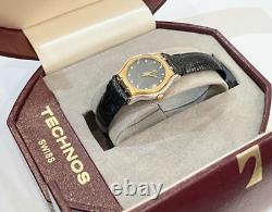 Rare Vintage Ladies Technos Swiss Made Gold Tone Stainless Steel Leather Watch