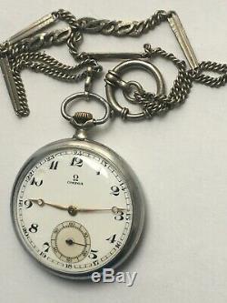 Rare Vintage Pocket Watch Omega Swiss Made Open Face Box Chain 15 Jewels Rrr