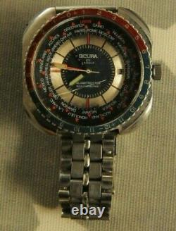 Rare Vintage Sicura Globetrotter Watch 25 Jewels Shock Resistant Swiss Made