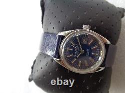 Rare Vintage Swiss Blue Dial Cristal Watch Date Ladies 21j Automatic Wristwatch