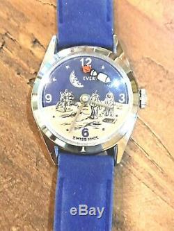 Rare Vintage Swiss Evertime Moon Landing Space Watch In Vintage Cadillac Box