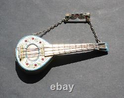 Rare Vintage Swiss Mandolin music box / silver brooch