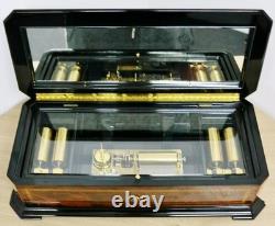 Rare Vintage Swiss Reuge Inlaid Walnut & Ebonised 5 Barrel Musical Music Box