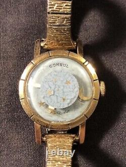 Rare Vintage Swiss Watch Consul Lunastar Manual 17 Jewel Gold Plaque 20 Women's
