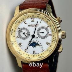 Rare Vintage Wittnauer Moon Phase World Time Dual Calender Swiss 37mm Watch Gold