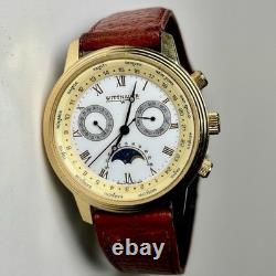 Rare Vintage Wittnauer Moon Phase World Time Dual Calender Swiss 37mm Watch Gold