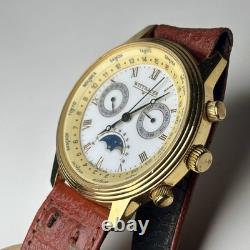 Rare Vintage Wittnauer Moon Phase World Time Dual Calender Swiss 37mm Watch Gold