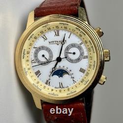 Rare Vintage Wittnauer Moon Phase World Time Dual Calender Swiss 37mm Watch Gold