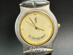 Rare! Vintage YVES SAINT LAURENT Gold Diamonds Dial 30mm Swiss QZ Watch From JAP