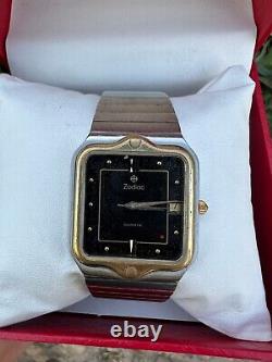 Rare Zodiac Watch Vintage 80s Men Golden Bezel Swiss Movement Black Sky Dial